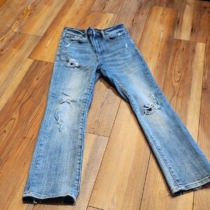 Distressed Straight Leg Jeans - Light Blue